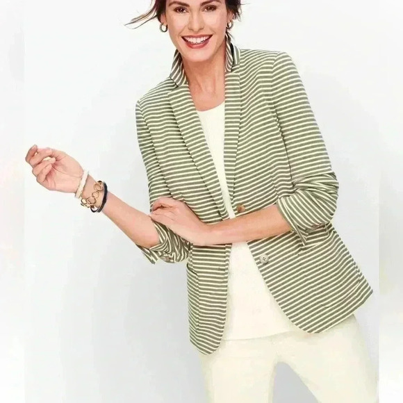 Talbots Aberdeen Knit STRIPE PIQUE Blazer green white size 16 like new - Picture 1 of 10